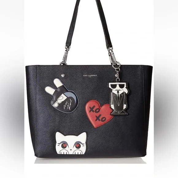 Karl Lagerfeld Black Tote with Patches & Charm Accents size 14 1/4 x 11 1/2” New - Picture 9 of 17